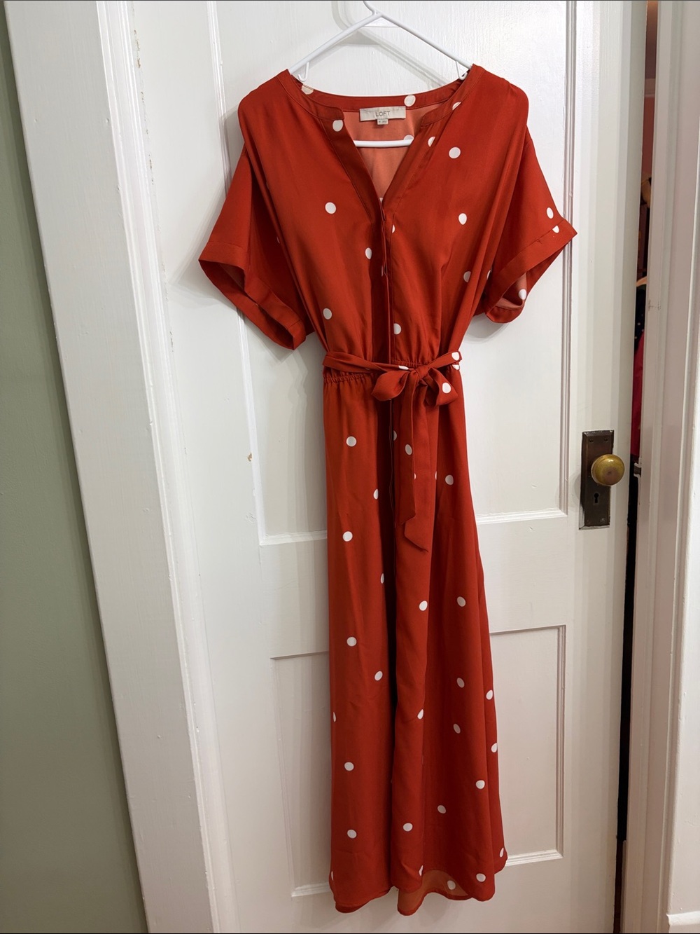 LOFT Rust Red Polka Dot Tie-Waist Maxi Dress